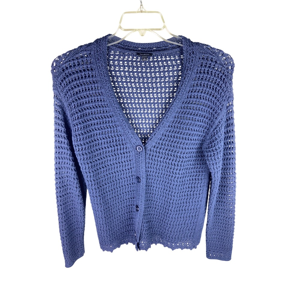 Talbots Womens Blue Open Knit Cotton Cardigan Sweater V-Neck Size S